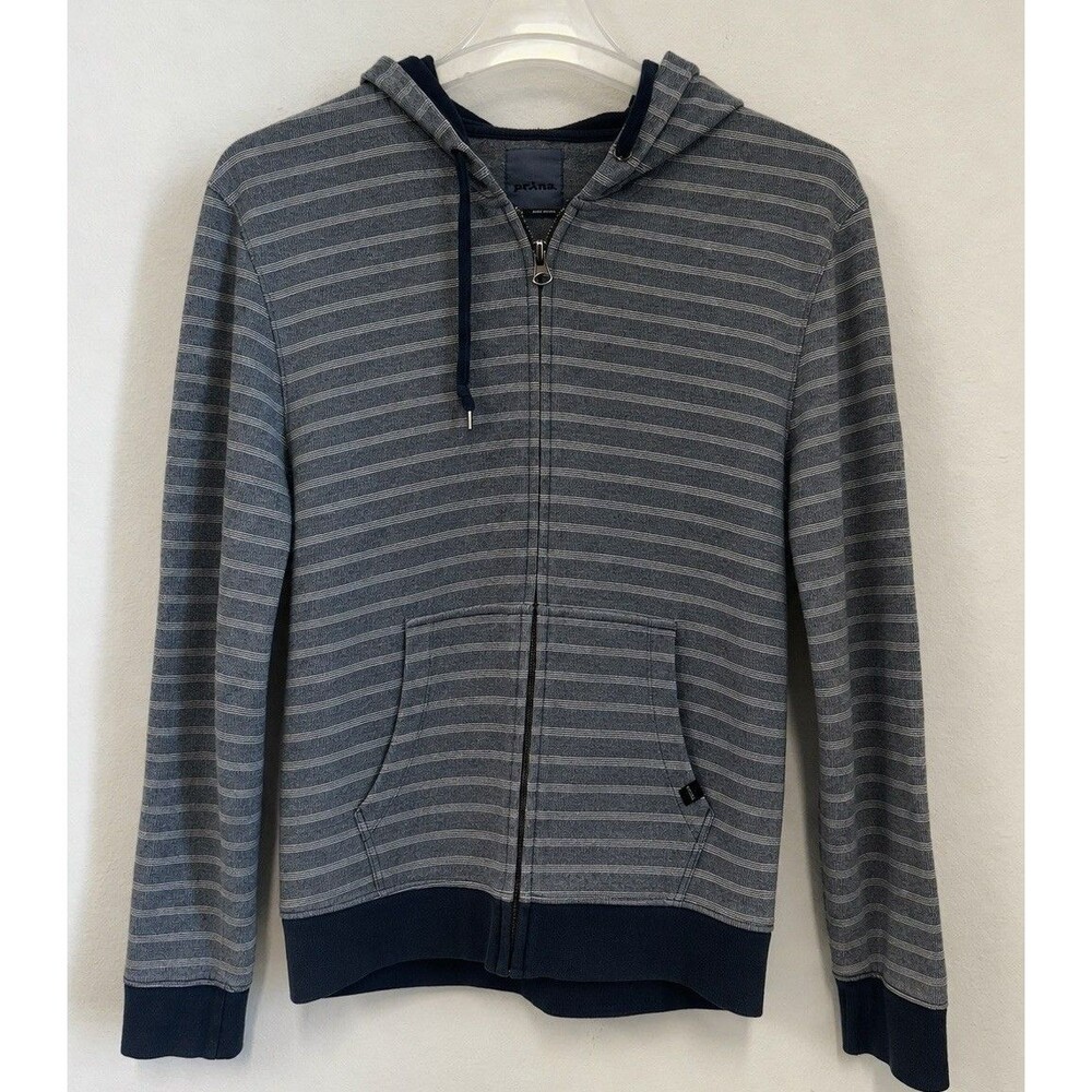 Prana Hoodie Men's Med Blue Pullzip Stretch Sweatshirt Striped